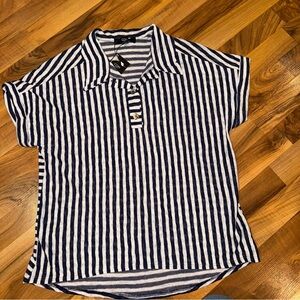 Coin 1804 women’s lightweight stripe collar button top navy white NWT 1X‎